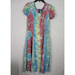 Women Short Sleeve Dress Medium Blue Green Marron Red Bohemian BOHO Geometric